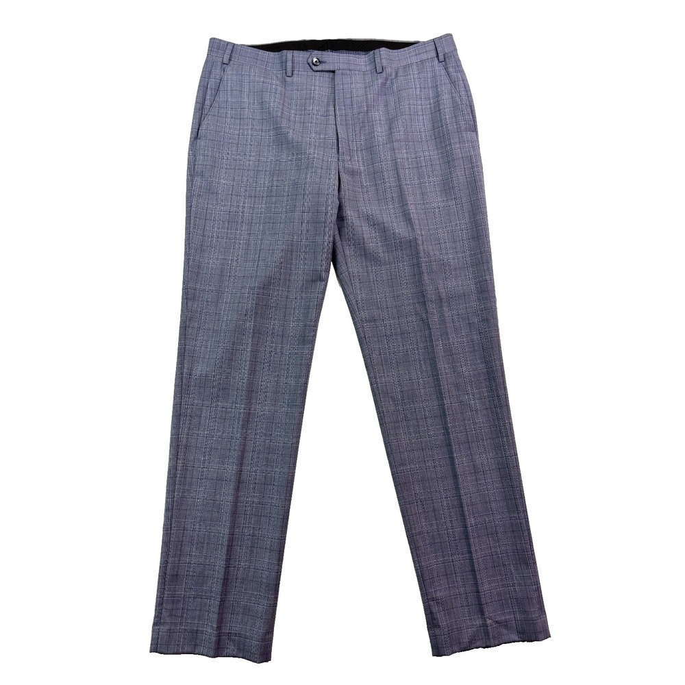 Ralph Lauren 40x34 Blue Plaid Wool Dress Suit Pants Flat Front Trouser Mens